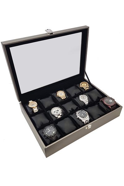 Chavin Diamond 15-Piece Gray Leather Watch Box - Wooden Glass, St15-59