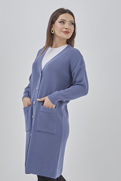 Elçelya Moda Kadın Mevsimlik Uzun Triko Cepli Düğmeli Esnek Hırka