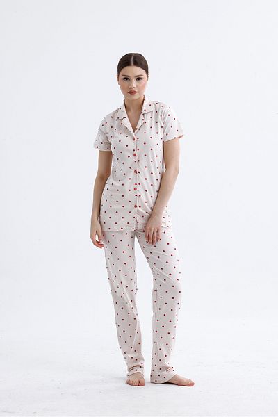 M MOONCOVER Women's 100% Cotton Printed Pajamas Set Short Sleeve Long Bottom Buttoned Summer