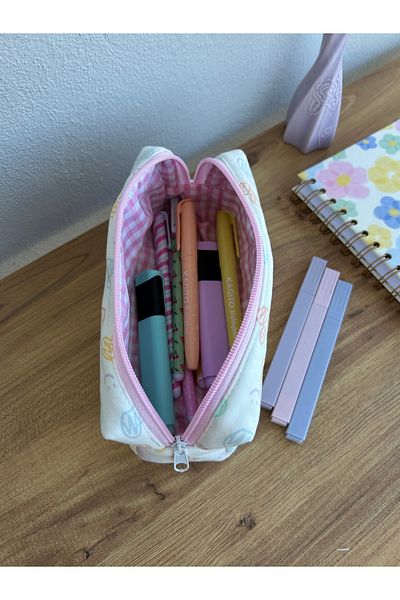 minyaturhayalim Pink Zippered Multi Heart Smiley Face Pencil Case - 20-7-6cm Lined Washable