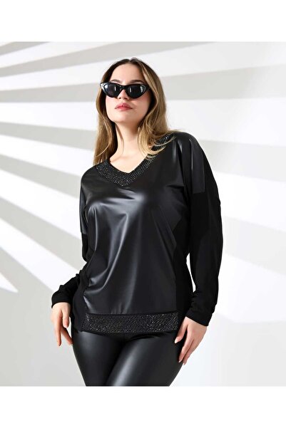 Elaxi بلوزة جلدية مطرزة بالحجر وياقة على شكل حرف V