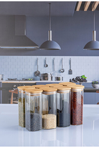 Lizzy 8 عبوات من الجرار الزجاجية المربعة بغطاء من الخيزران سعة 400 مل من السلسلة الفاخرة