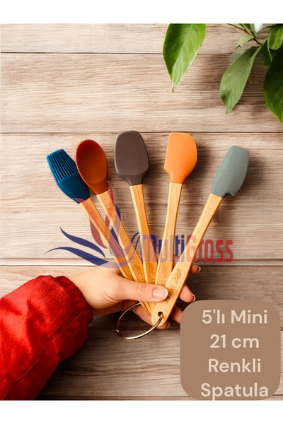 Multiamo Ivory 5 Piece Bamboo Handle Mini 21 cm Silicone Spatula Spoon Brush Set