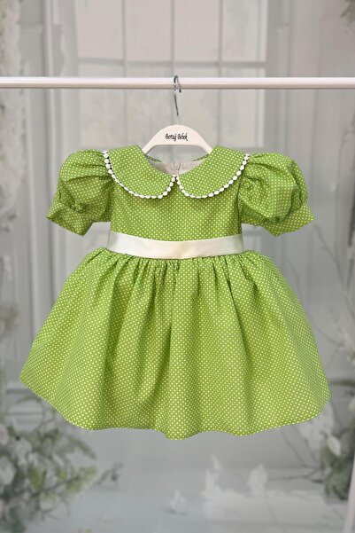 Bertuğ Bebek Bebe Yaka Dantelli Kız Çocuk Bebek Puantiyeli Pamuklu Yeşil Elbise