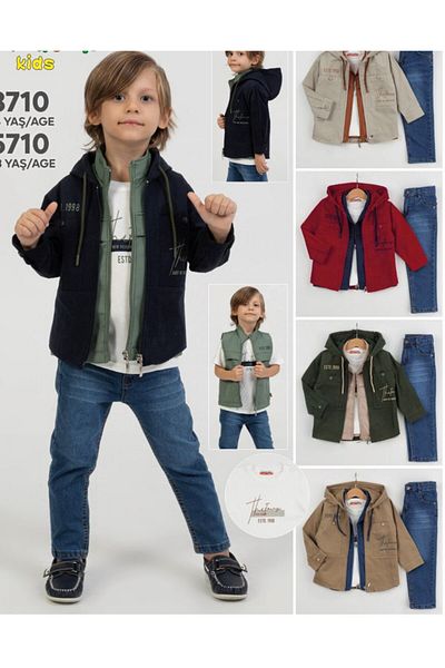 Burçak Butik Black Hooded Jacket, Waistcoat, Jeans, and T-Shirt 4-Piece Combo for Boy