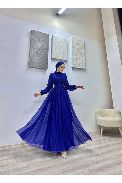 MERVEPLUME Double Breasted Tulle Chiffon Navy Blue Women's Hijab Evening Dress
