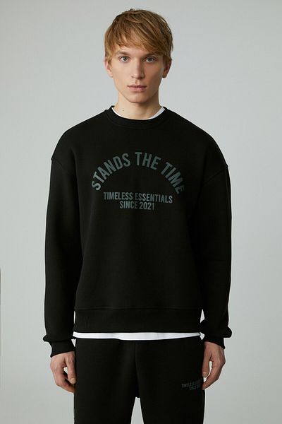 GRIMELANGE Norton Men's Round Neck 3 Thread Black Sweatshirt