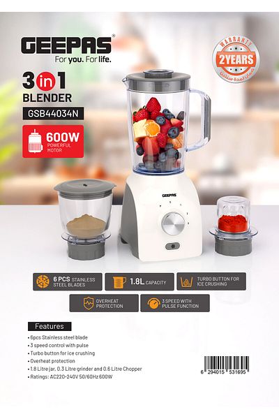 Geepas 3In1 Blender With Stainless Steel Blades, Turbo Button For Ice Crushing, 3Speed With Pulse Function