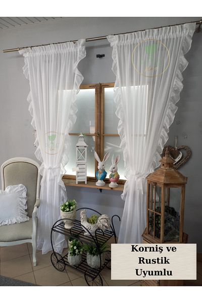 Perdeplus Linen Tulle Curtain - Ruffled, Single Wing and Rustic Matching