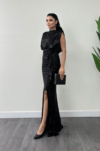 giyimmasalı Sequin Fabric Drawstring Detailed Evening Dress - Black