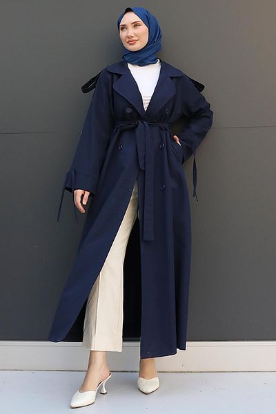 GİZ AGİYİM Navy Blue Trench - Μανίκι με λεπτομέρεια από σχοινί
