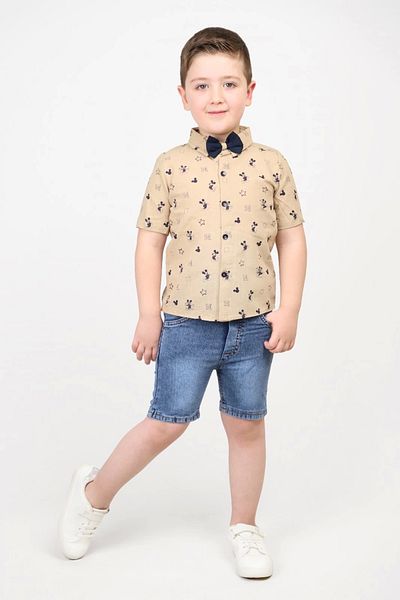 Hafez Kids Summer Shirt Patterned Bow Tie and Denim Shorts Double Set