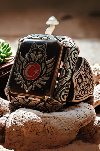 Diriliş Takı Kalem İşlemeli Ay Yıldız Kurt İşlemeli Gümüş Yüzük