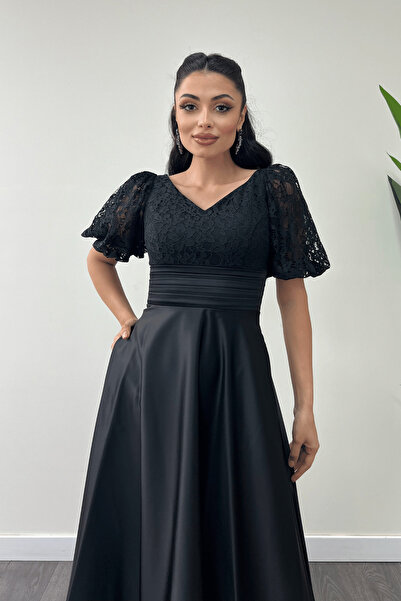giyimmasalı Üst Dantel Alt Saten Detaylı Midi Elbise - SİYAH