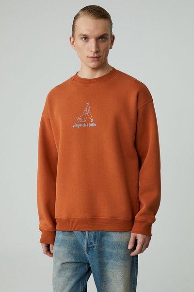 GRIMELANGE Minty Men's Round Neck 3 Thread Orange Sweatshirt