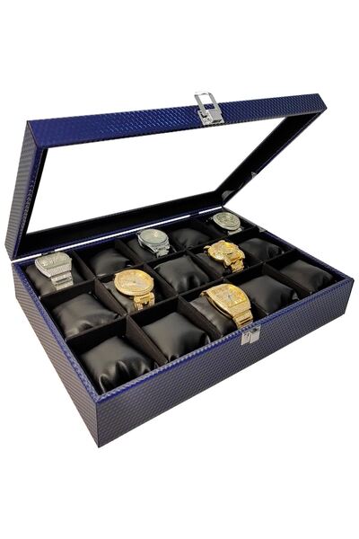 Chavin Navy Blue Leather 15 Pieces Glass Watch Box st15-71
