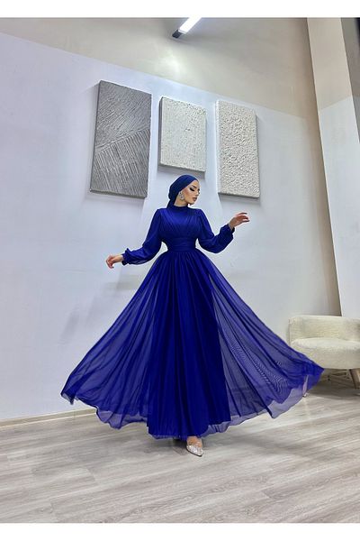 MERVEPLUME Double Breasted Tulle Chiffon Navy Blue Women's Hijab Evening Dress