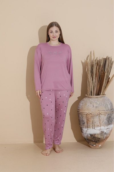 Eyfuze Women's Plus Size Curve Milan Fabric Printed Pattern Long Sleeve Bamboo Pajamas Set