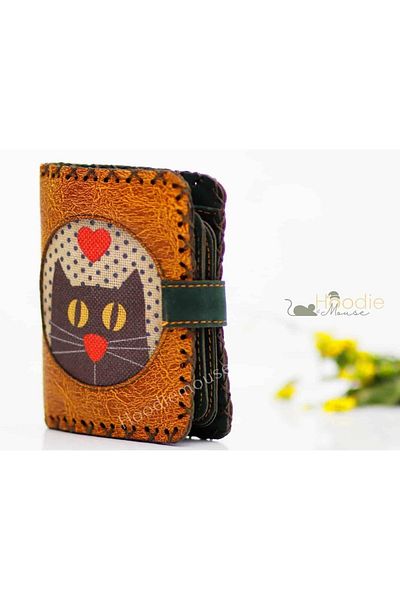 HOODİEMOUSE Cat Old Figured Small Wallet Ethnic Bohemian Retro Style - Mustard