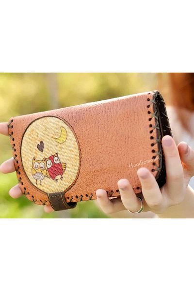 HOODİEMOUSE Large Wallet with Owl Figure Ethnic Bohemian Retro Vintage Style - Taba