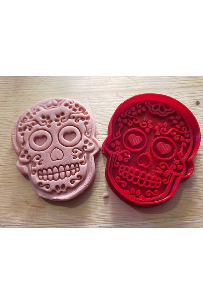 KUNDUZ AHŞAP TASARIM ATÖLYESİ 💀 Kalp Gözlü Meksika Kurukafa Kurabiye Kalıbı - 2 Parça - 9x6,5 Cm - Gıdaya Uygun