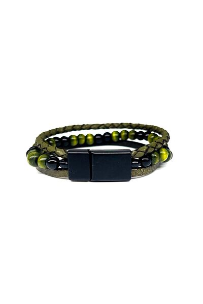 Lux Leder 3 Rows of Beaded Genuine Leather Hand Knitted - Magnet Bracelet