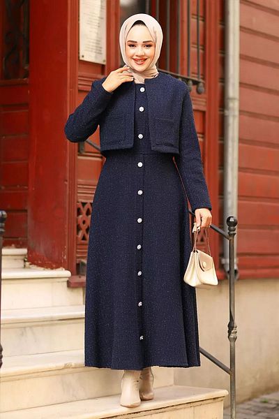 Tesettür Diyarı Length Button Stone Detailed Tweed Jacket Dress - Navy Blue