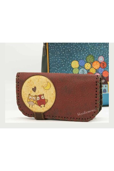 HOODİEMOUSE Large Wallet with Owl Figure Ethnic Bohemian Retro Vintage Style - Bordo