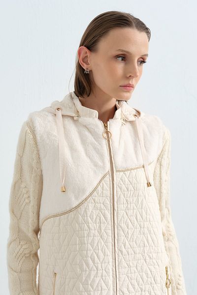 Nihan Thin Quilted, Plush Detailed Vest, Ecru
