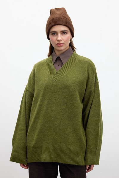 Manuka Grüner Strickpullover mit V-Ausschnitt – einfarbig gestrickt