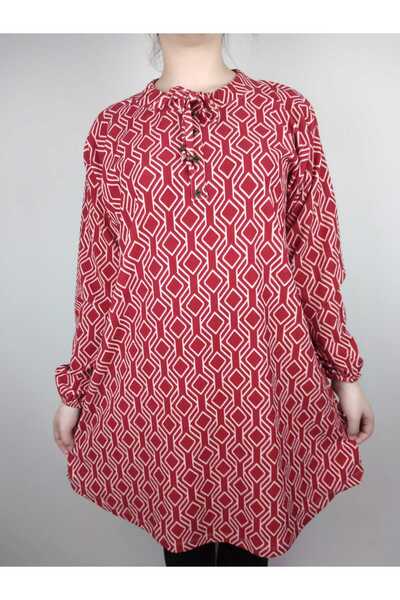 YAŞAR TRİKO Жіноча туніка з червоною облямівкою, ґудзиками на комірі, довгими рукавами, манжетами на зап'ястях та овальною спідницею з підкльовом.
