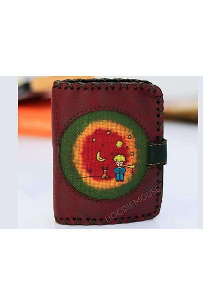 HOODİEMOUSE Little Prince Figured Small Wallet Ethnic Bohemian Retro Style - Burgundy