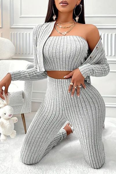 Deafox Gray Strapless Long Sleeve Camisole Blouse - Set with Button down Jacket and Leggings Pants