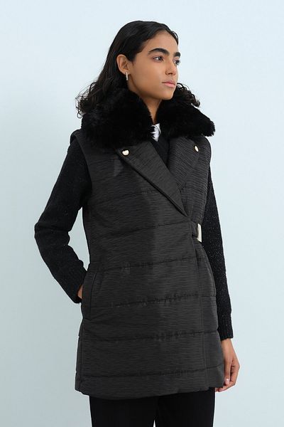 Nihan Black Quilted Vest with Fur Belt