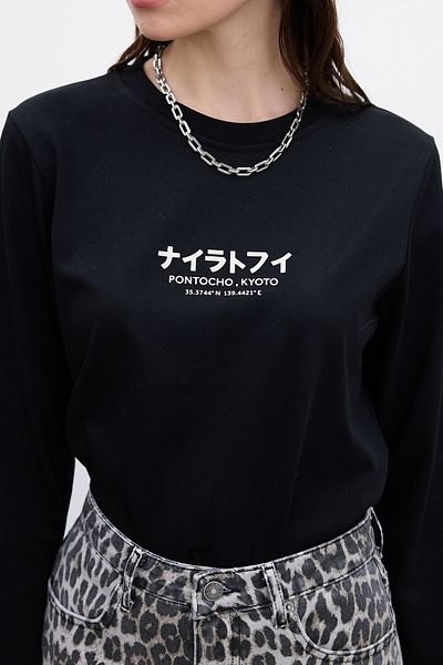 Manuka Schwarzes Langarm-T-Shirt mit Aufdruck