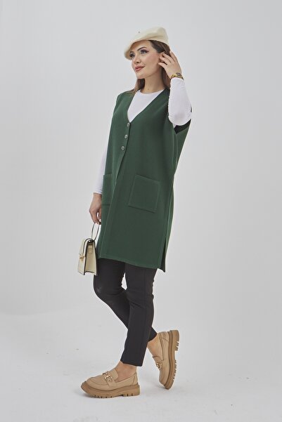 Elçelya Moda Kadın Triko Esnek Uzun Mevsimlik Düğmeli Yelek