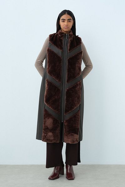 Nihan Comfortable Fit Plush Mixed Leather Vest Brown