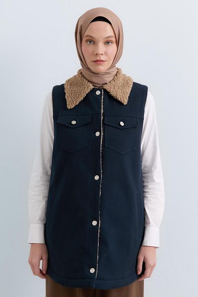 Nihan Fur Lined Fur Collar Gabardine Vest Navy Blue