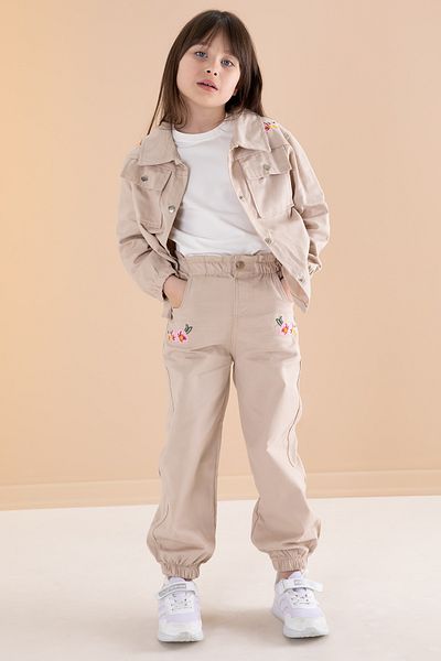 Cansın Mini Beige Embroidery Detailed Shirt and Trousers Girl's 3 Piece Suit 20159