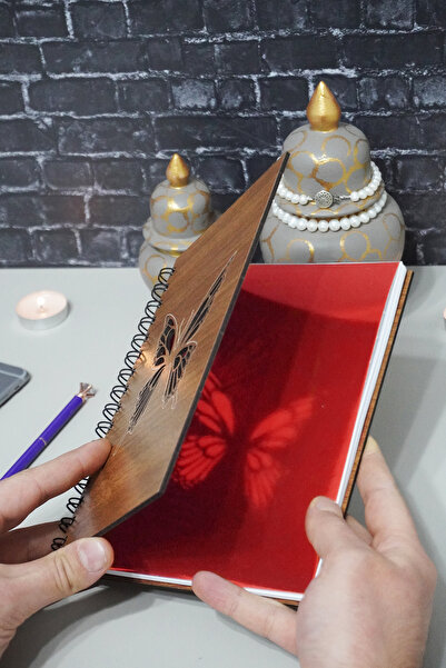 markcat Butterfly Themed Notebook with Wooden Cover - Checked Agenda and School Notebook (A5 - 120 Pages)