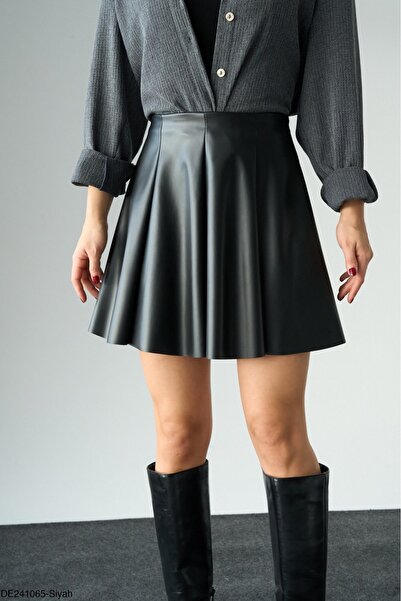 Lupies Kadın Siyah Pileli Deri Etek