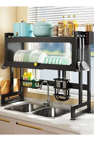 Taimi 3-Tier Over the Sink Dish Drying Rack 65 cm with Cover Black