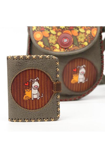 HOODİEMOUSE Ethnic Bohemian Retro Style Cat and Dog Figured Green Small Wallet