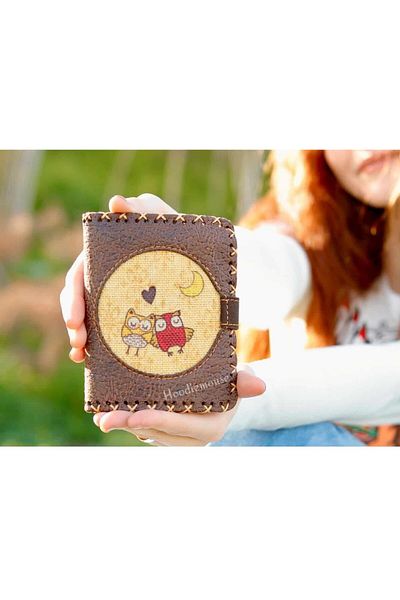 HOODİEMOUSE Small Wallet with Owl Figure Ethnic Bohemian Retro Style - Brown