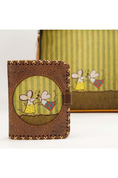 HOODİEMOUSE Small Wallet with Dancing Mouse Figure Ethnic Bohemian Retro Style - Brown