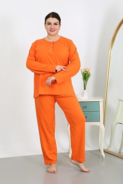 Akbeniz Orange Large Size Long Sleeve Combed Cotton Pajama Set - 202501