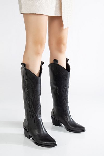 DENORA Black Matte Skin Embroidered Western Cowboy Cowgirl Boots