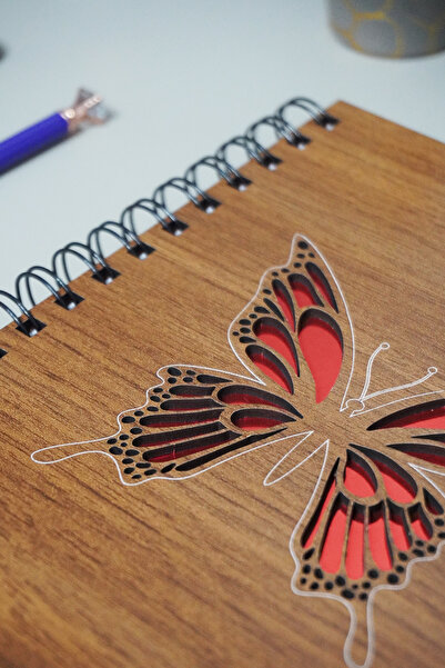 markcat Butterfly Themed Notebook with Wooden Cover - Checked Agenda and School Notebook (A5 - 120 Pages)