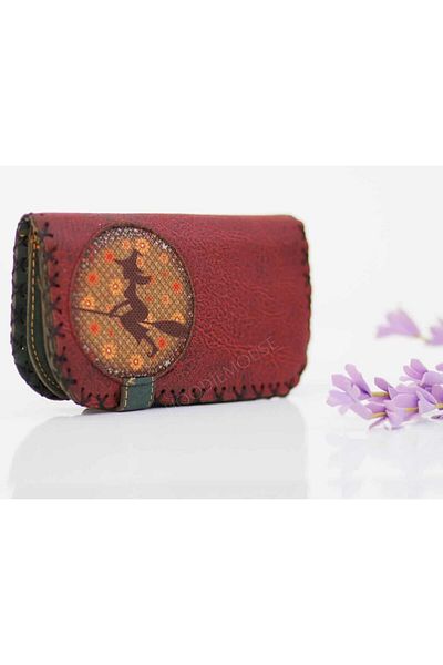 HOODİEMOUSE Large Wallet with Witch Figure Ethnic Bohemian Retro Vintage Style - Claret Red