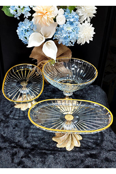 SEÇKİNEV Buket Elegant Oval 3 Piece Gold Detailed Standing Presentation Set